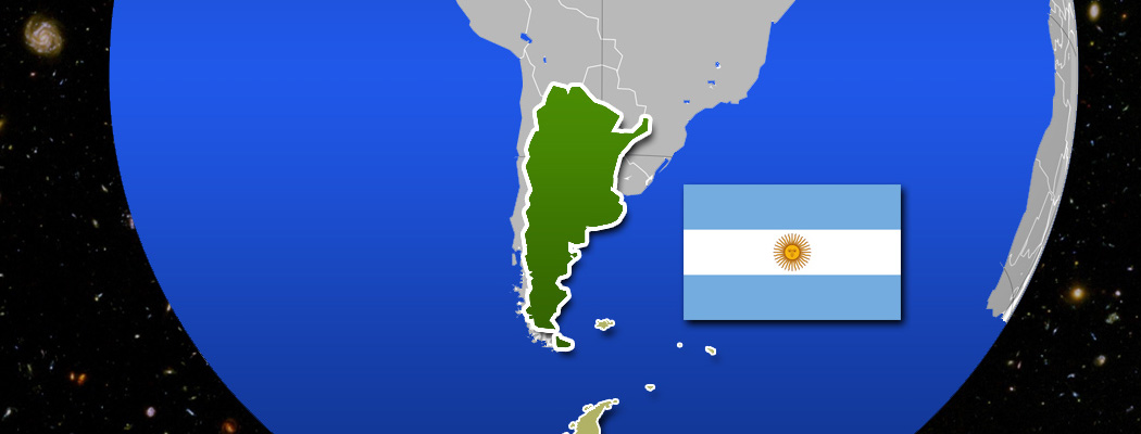 Lage Argentiniens auf der Erde. Beige sind beanspruchte Gebiete (z.B. Falkland-Inseln, Antarktis,...)